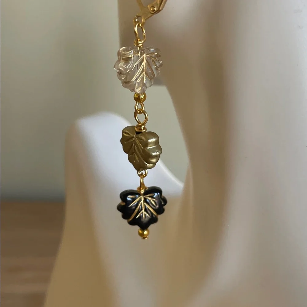 HAND CRAFTED FALLING LEAVES DANGLE EARRINGS Gold Black Clear Autumn Cottagecore